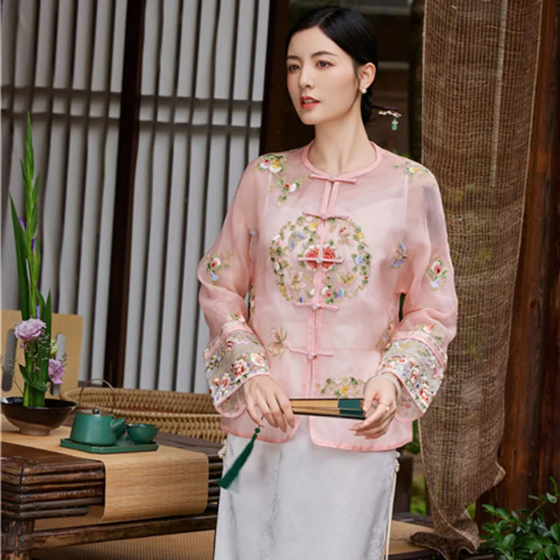 

High-end Spring Summer Women Silk Jacket Top Chinese Style Embroidery Tang Suit Elegant Lady Loose Coat Female S-XXL