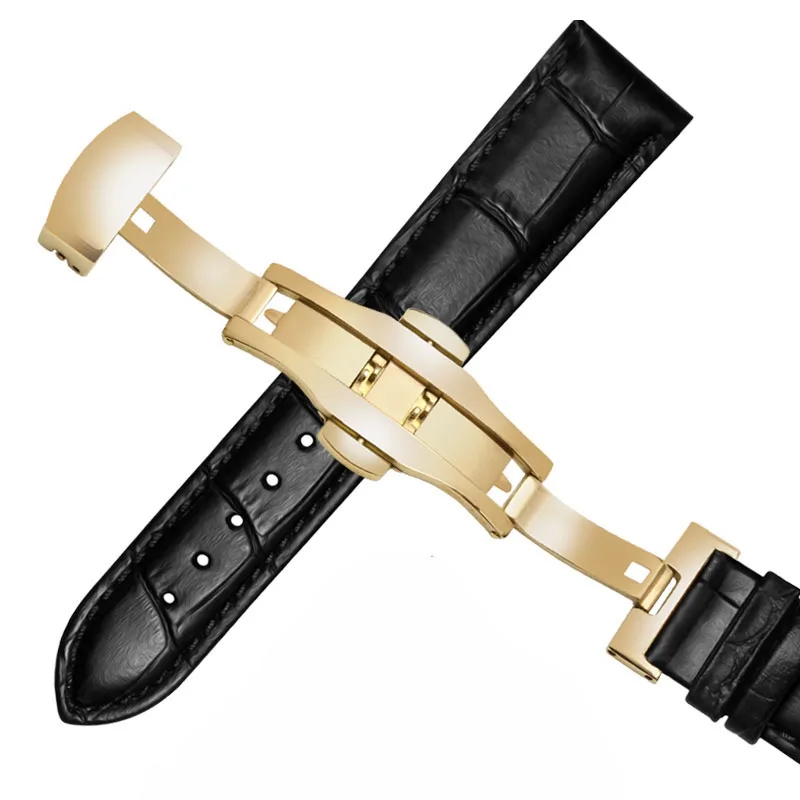 Elegant Universal Leather Watch Strap with Butterfly Buckle - Black & Brown Adjustable Bracelet