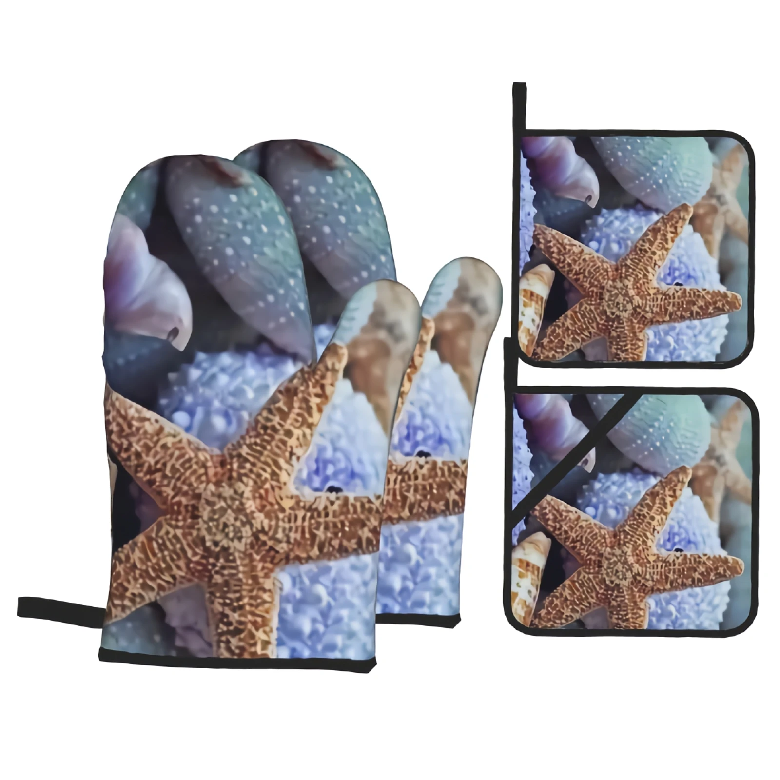 

Sea Shells Oven Mitts and Pot Holders Sets, Heat Resistant 4 Pcs for Safe BBQ Cooking Baking Grilling