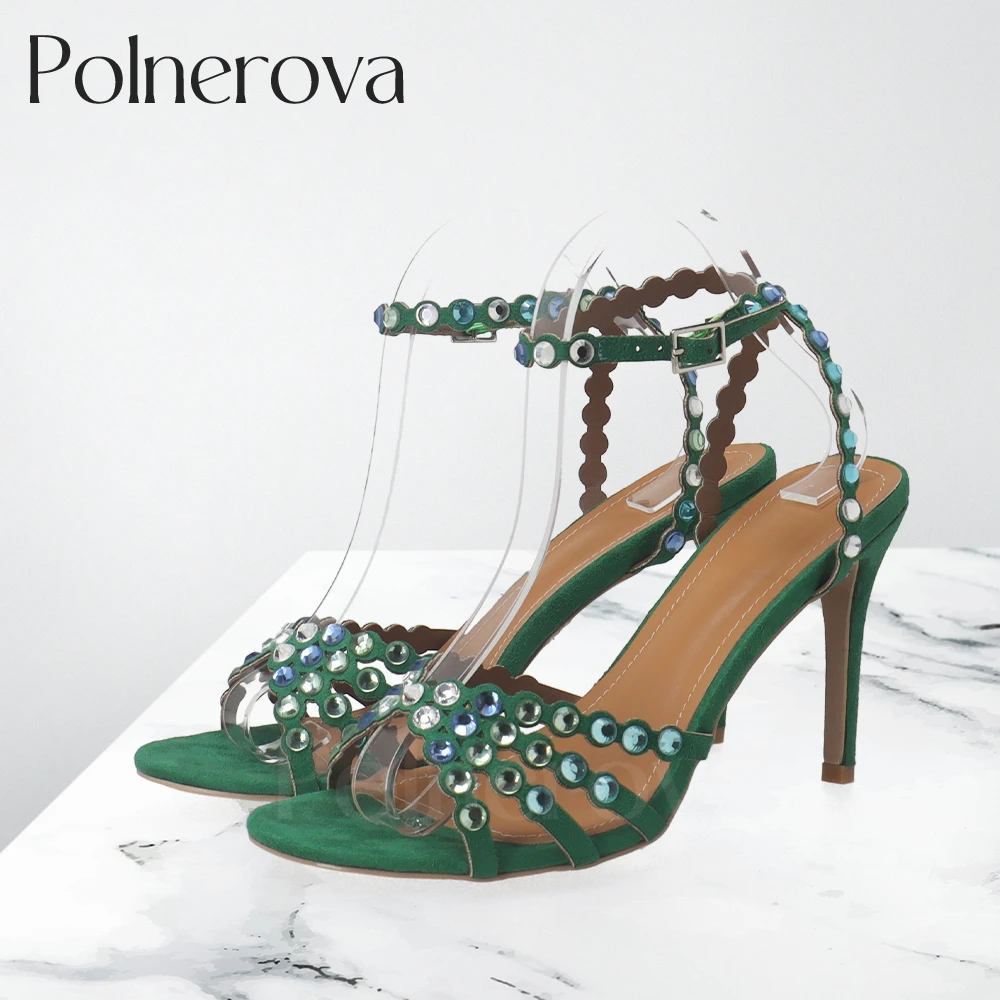 

Suede Leather Crystal Sandals Round Button Buckle Summer Shoes Designer Luxury High Heels Women Multicolor Custom Banquet Shoes