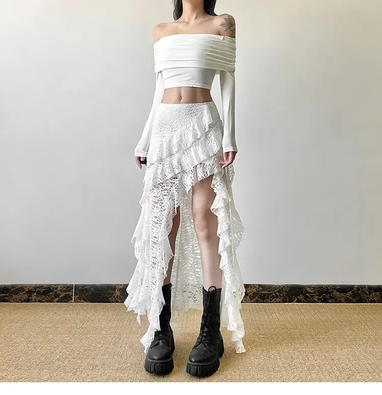 White Sweet Design Lace Patchwork Ruffle High Waisted Y2k Skirt Women Summer Irregular Skirt Long Skirts Harajuku Goth Clothes