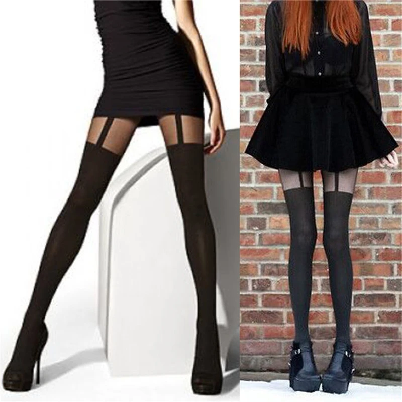 

Hot Selling Sexy Women Black Fake Garter Belt Suspender Tights Over The Knee Hosiery Stockings Gifts Wholesale