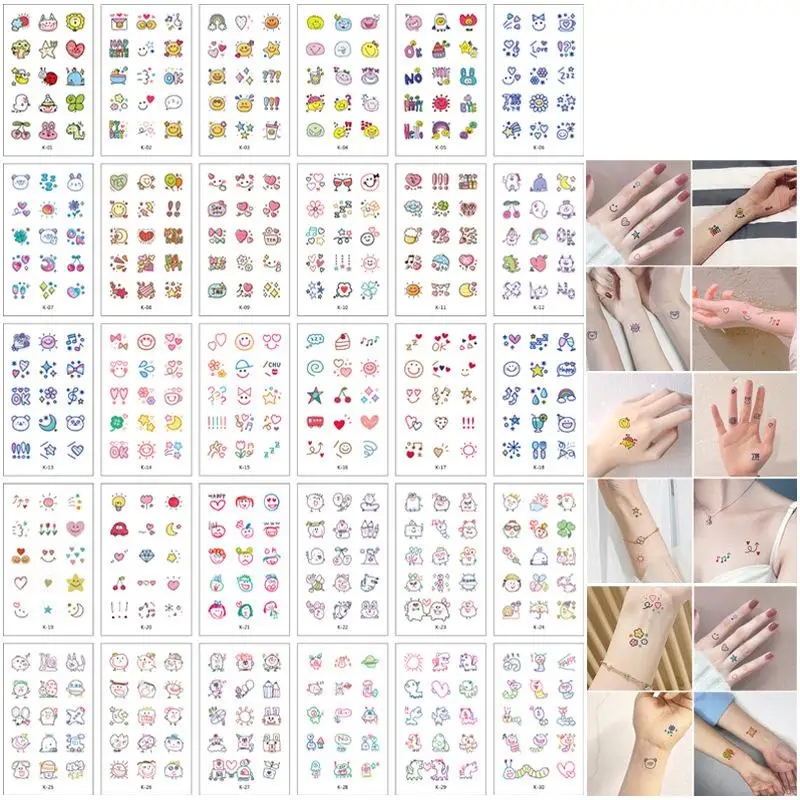 30pcs Korean Style Cartoon Tattoo Paste Temporary Color Cute Tattoo Sticker Finger Neck Wrist Arm Leg Shoulder Tattoo Sticker