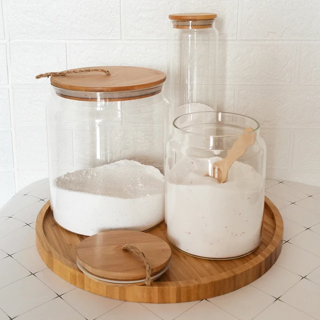 Glass Jar Set With Bamboo Lids , Tray & Bamboo Spoons 