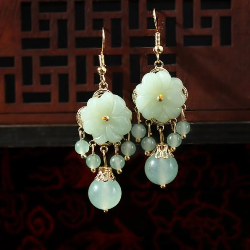 New Fashion Green Jade Marrow Flowers Tassel Drop Earrings for Women Ethnic Style Stud Earring Pretty Jewelry Gifts
