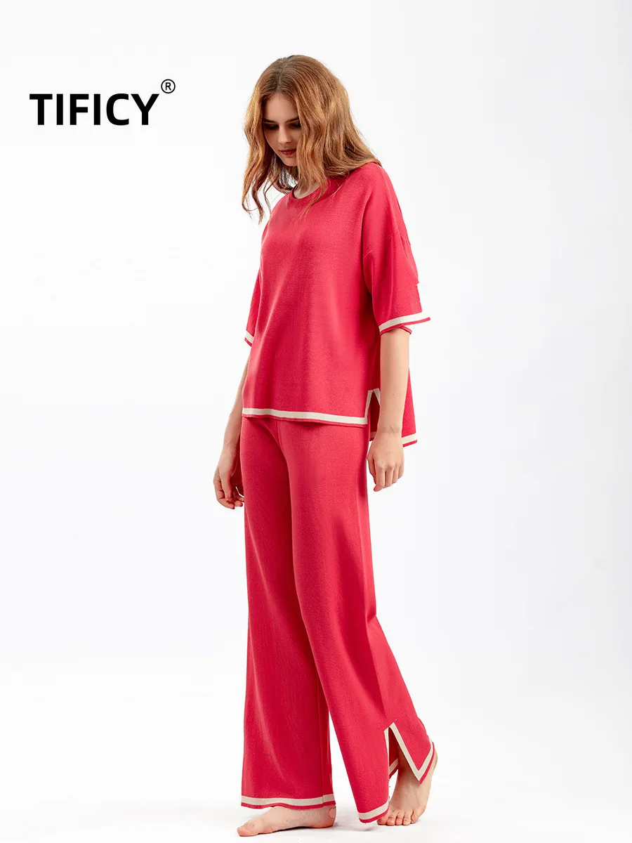 New Fashion Set Temperament Women's Contrast Color Split Short Sleeve Knitwear+High Waist Slim Wide Leg Pants Two Piece Set