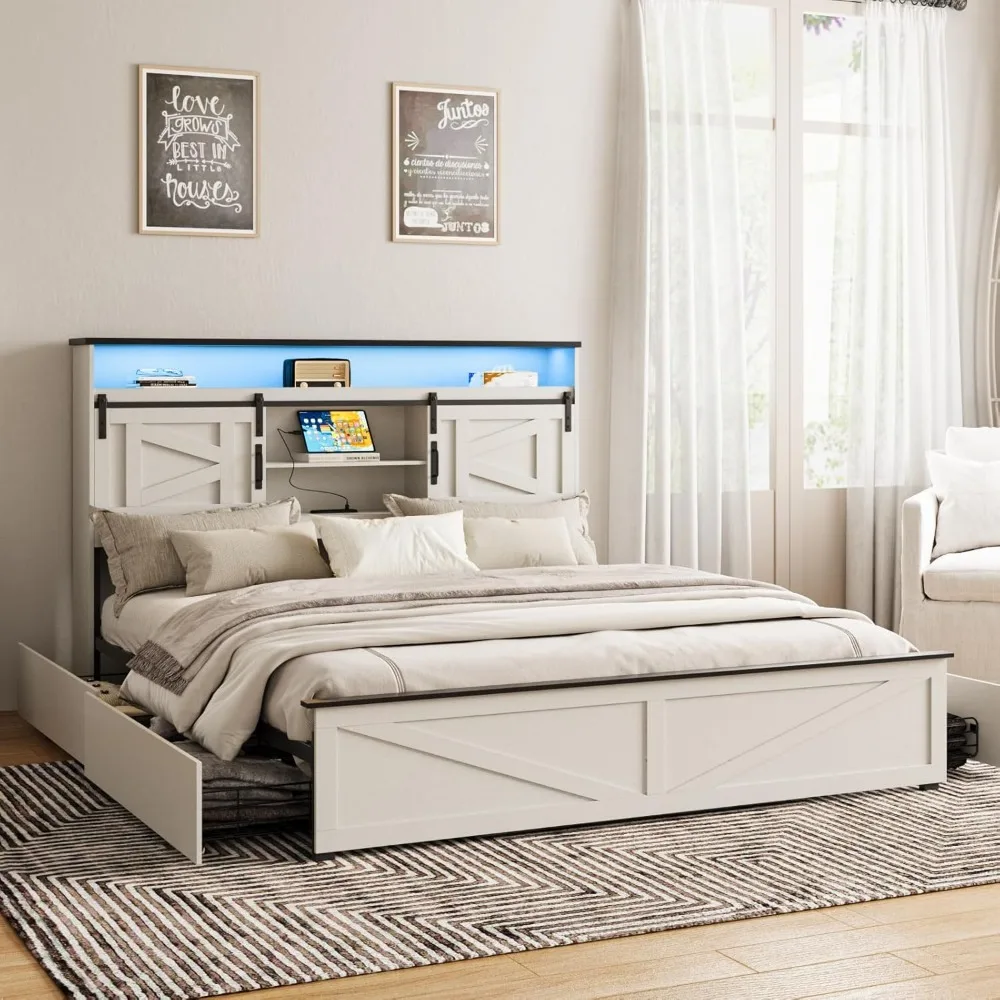 with 4 Drawers and Bookcase Headboard, Sliding Barn Door Storage Shelves, No Box Spring Needed, Beds Frames 3