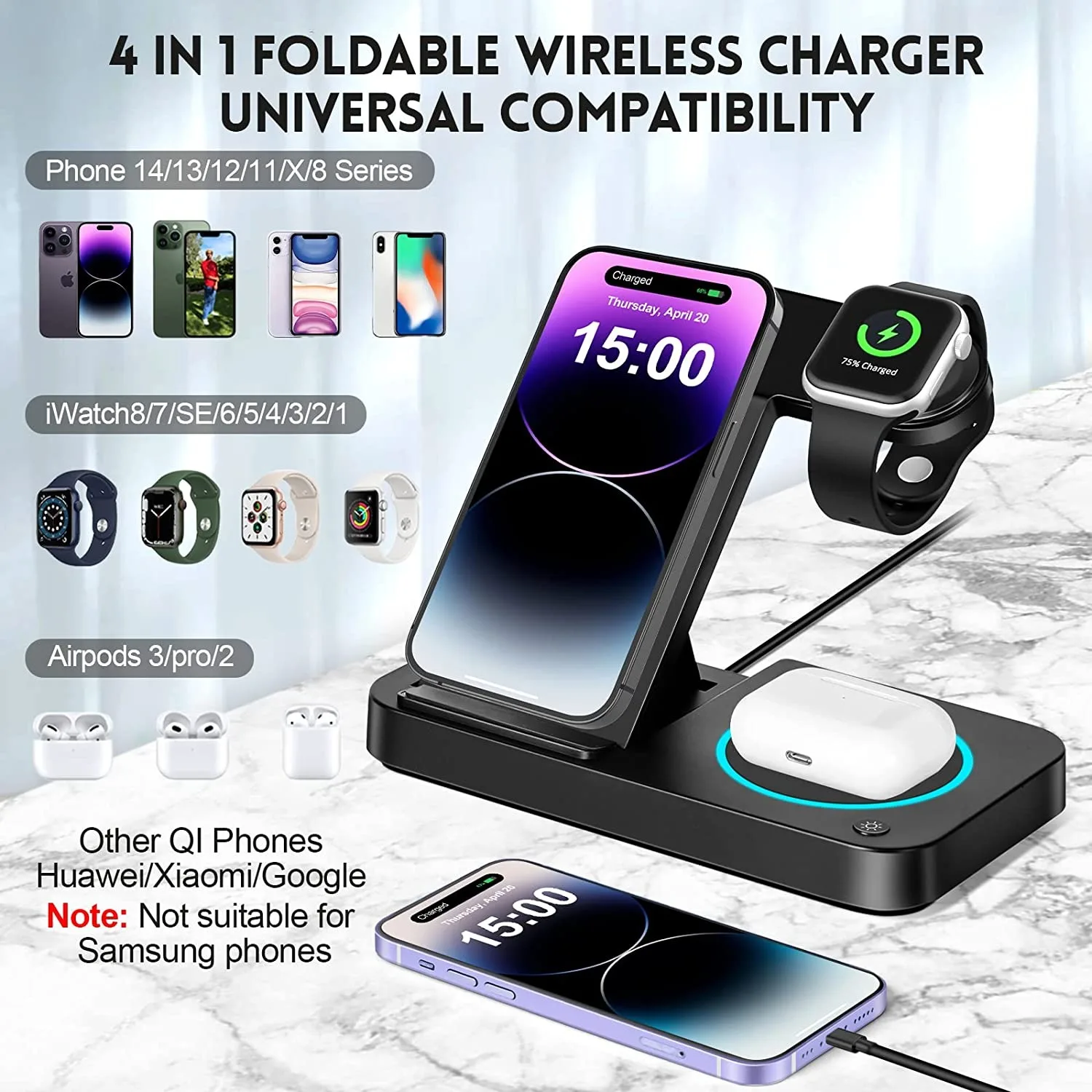 15W 3 In 1 Fast Wireless Charger Stand For iPhone 14 13 12 11 X 8 Apple Watch Foldable Charging Dock Station for Airpods IWatch