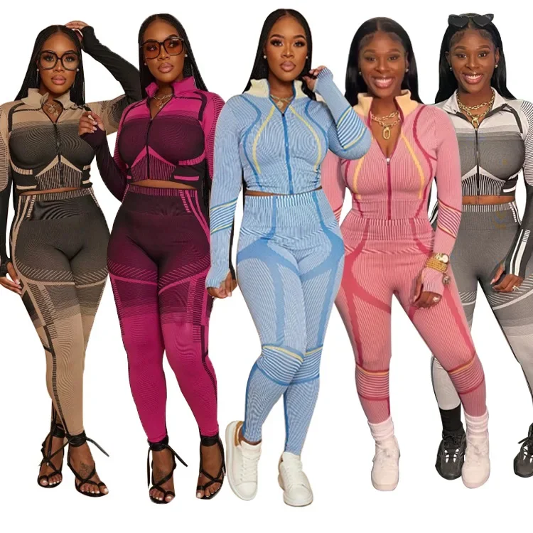 

Irregular Color Printed Zipper Jogger 2 Piece Outfits for Women Long Sleeve T Shirt Skinny Pants Suits Spring Sports Tracksuits