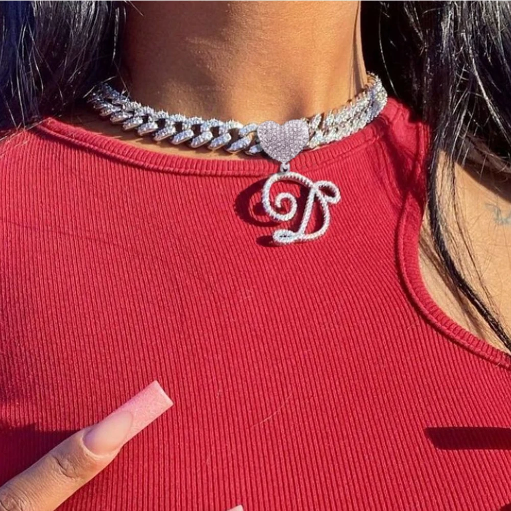 

Hip Hop Crystal Cursive Initials Pendant Necklace For Women Iced Out 13MM Miami Cuban Link Chain Letters Necklaces Gifts Jewelry