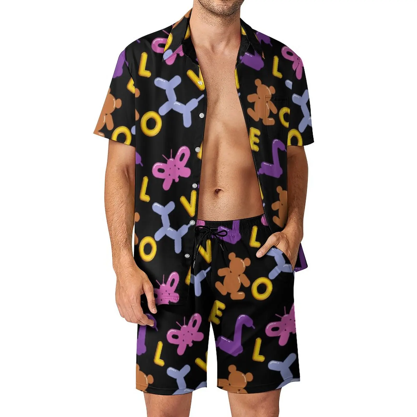 

Cute Animal Balloon Men Sets LOVE Letters Print Vintage Casual Shirt Set Short Sleeve Shorts Summer Beachwear Suit Big Size 3XL