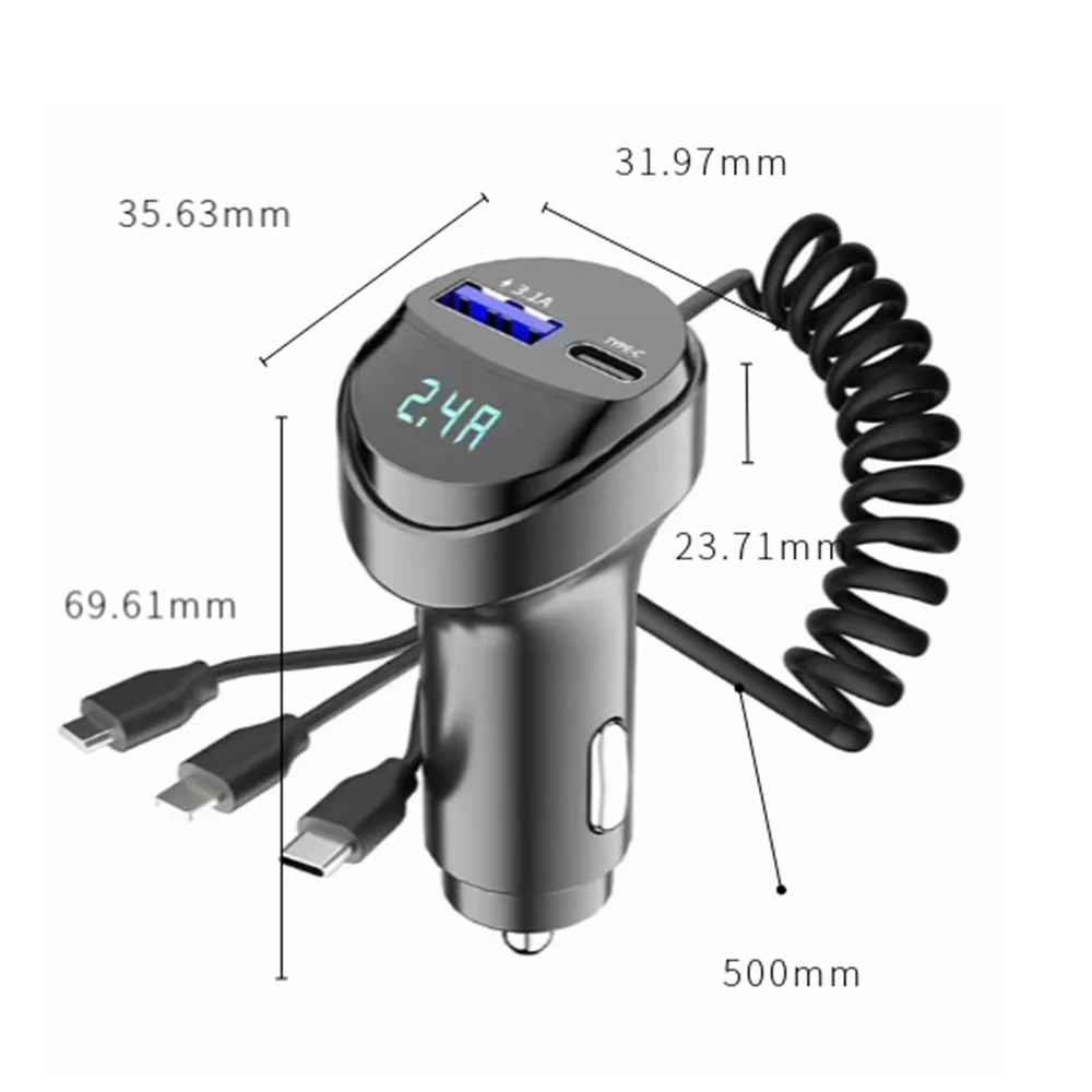 55W 2 Ports USB Fast Car Phone Charger 3.1A with Voltage Display Car Three In One USB Retractable Charging Cable images - 6