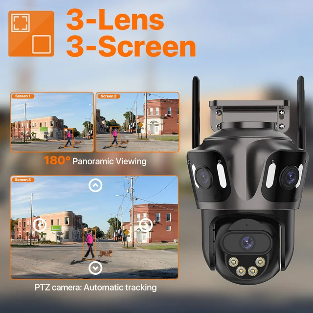 6K HD Outdoor Wifi PTZ Camera Three Lens 4K Dual Screen IP Camera Auto Tracking Color Night Video Surveillance CCTV P2P iCsee 1