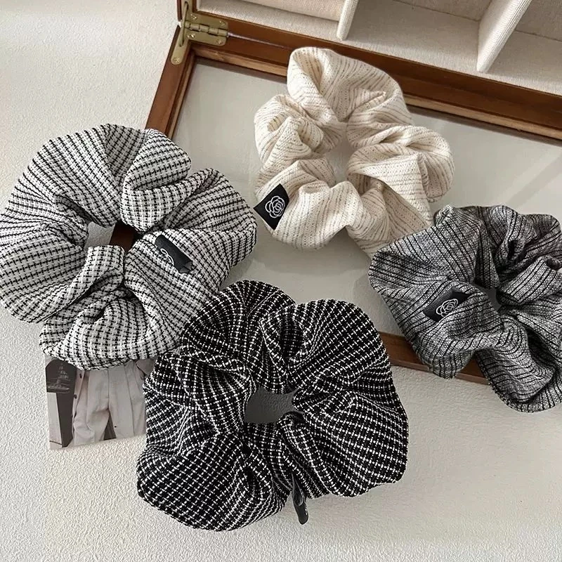 Elegant Camellia Plaid Hair Scrunchie - Retro French Style Accessory