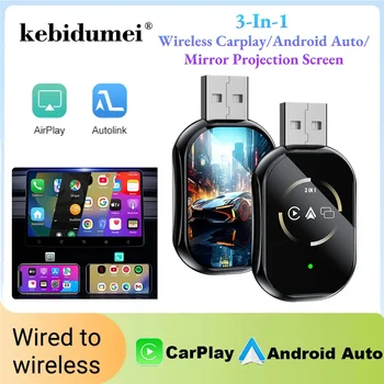 Adaptador Carplay 3 en 1 con enlace de espejo, cable a inalámbrico, para Airplay, Android, Auto MirrorLink, Bluetooth + Wifi, USB, Dongle, caja Ai para coche 1