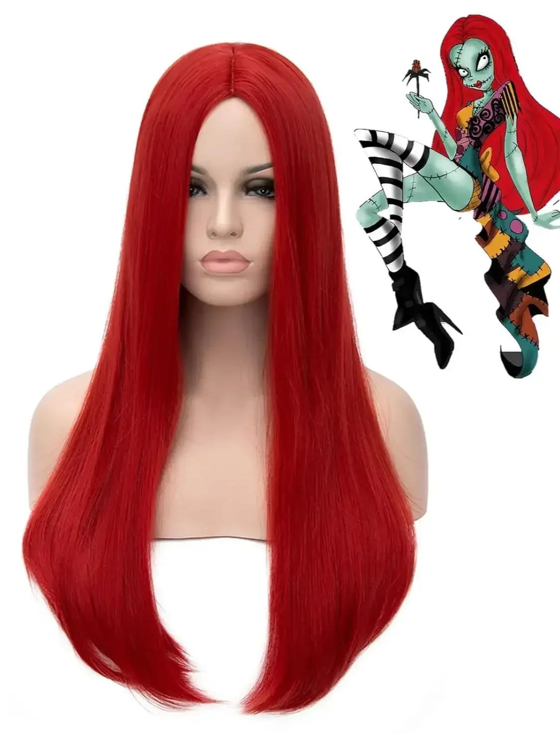 Rote Sally-Perücken für Frauen, Sally-Kostüm, langes rotes glattes Haar, natürliche süße synthetische Perücken für die tägliche Party, Halloween – Detail 5