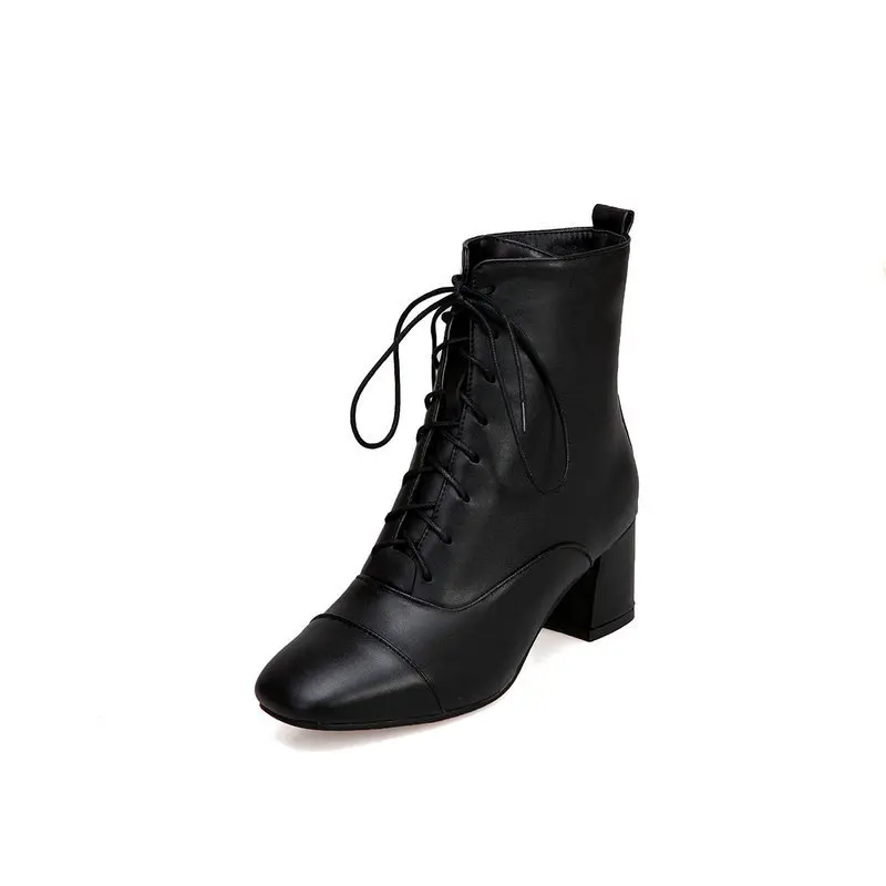 Autumn Winter Women Boots Fashion Square High Heel Shoes Elegant Lace Up White Ankle Boots Black Party Office Shoes Woman 34-43