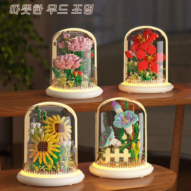 어린이용 창의적인 꽃 빌딩 블록 키트, 조명 장난감, 영원한 꽃, 어린이 퍼즐 조립, 부케, 로맨틱 장식품