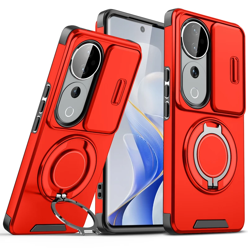 ELVEV Magnetic Shockproof Phone Case with Rotating Ring Bracket - Hard PC + Soft TPU
