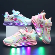 Disney LED Casual Sneakers Pink Purple For Spring Girls Frozen Elsa Princess Print Outdoor Shoes Children Lighted Non-slip Shoes