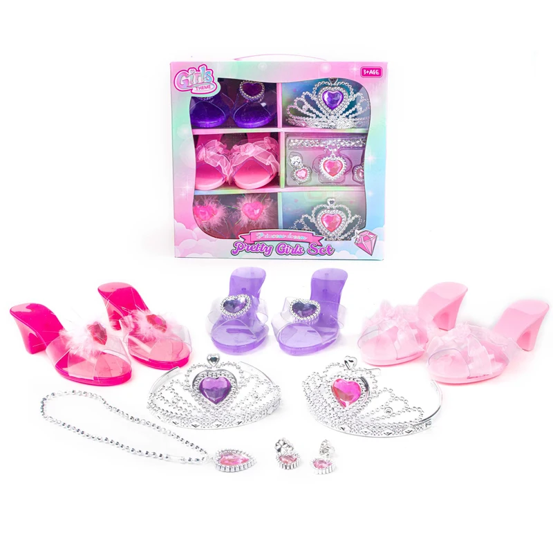 Ensemble de bijoux pour filles, chaussures en cristal, collier, couronne, boucles d'oreilles, Bracelet, maquillage, habillage, jouets de princesse pour enfants, jeu de rôle