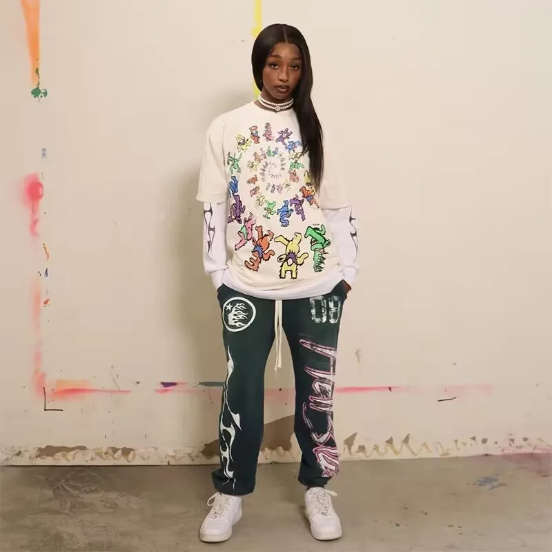 

Hellstar Cotton Tee High Street Round Neck Swivel Letter Little Bear Print Men's And Women's Short T