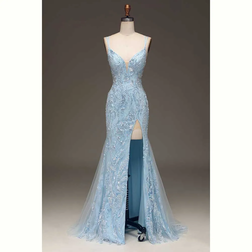 Elegant Light Blue Satin Women Evening Party Dresses Sexy High Side Split  Floor Length Trumpet Sweetheart Female Prom Gowns - AliExpress 320