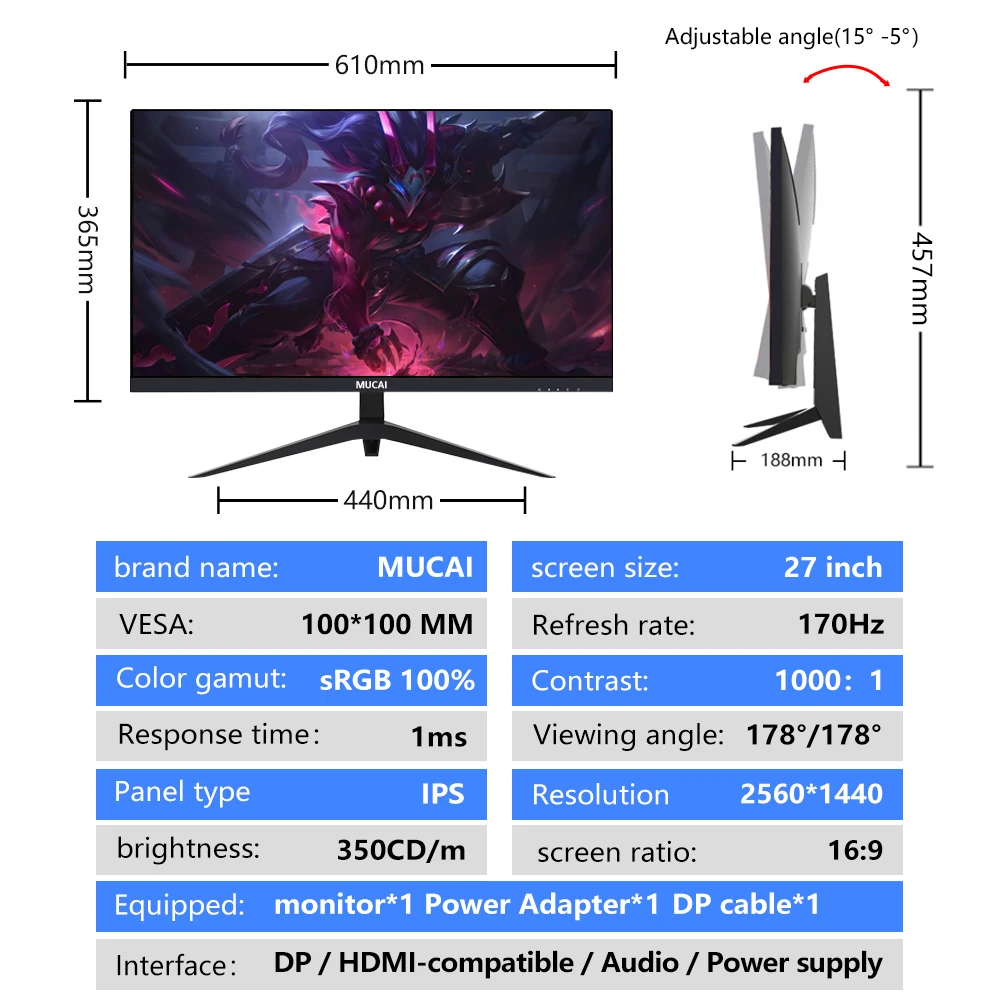 MUCAI ũž ̹ ǻ ũ,  г, HDMI ȣȯ DP, 27 ġ , 2K 170Hz IPS PC LED ÷, QHD 144Hz