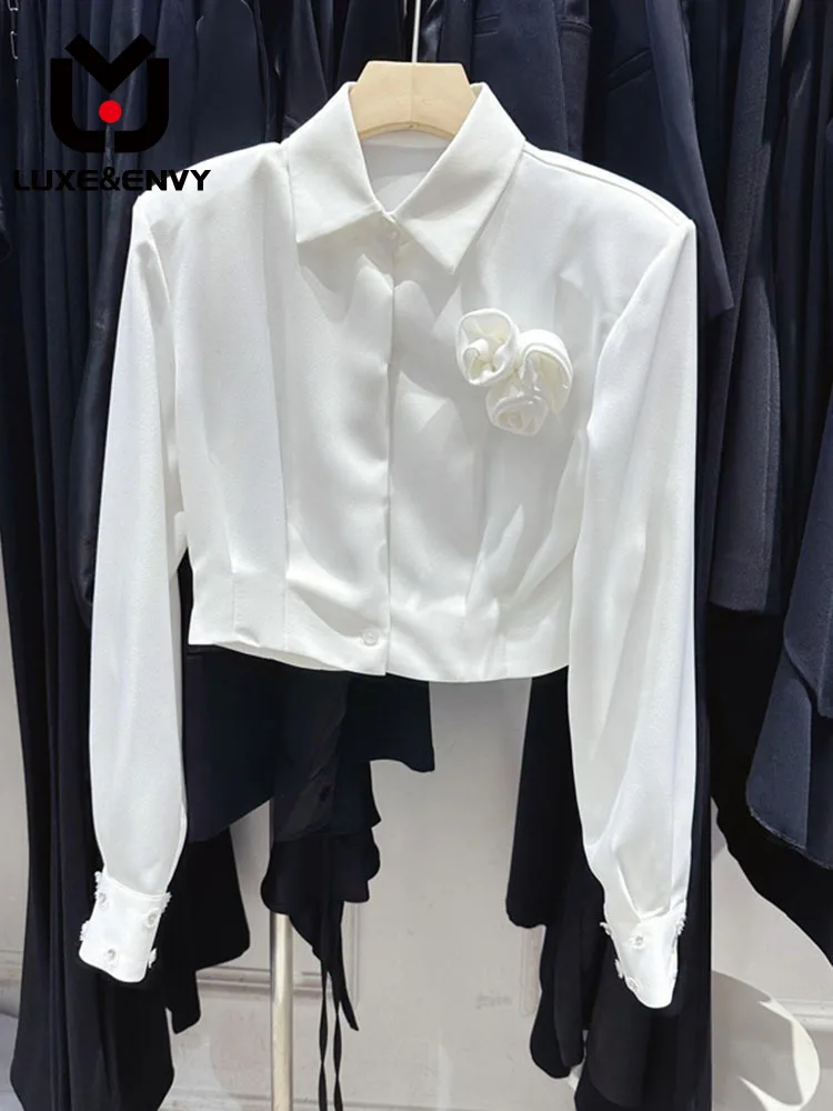 

LUXE&ENVY design, three-dimensional flower decoration, short shirt, versatile lapel, long sleeved shirt 2023 Autumn