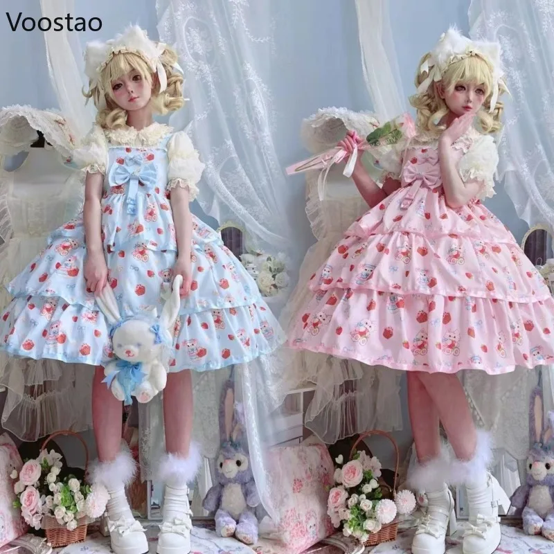 Japanese Kawaii Lolita Jsk Dress Women Sweet Cartoon Cat Print Bow Ruffles Strap Dress Girls Cute Tea Party Mini Cake Dresses