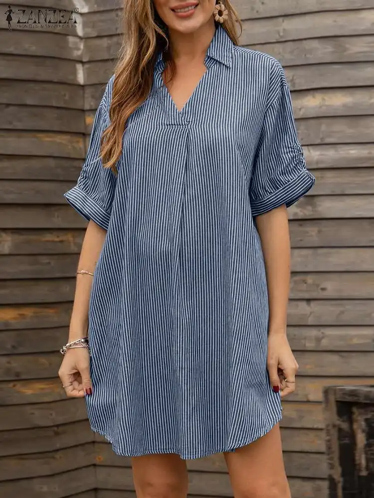 

Summer Women Striped Shirt Dress 2023 ZANZEA Fashion V Neck Half Sleeve Sundress Casual OL Work Knee-length Vestido Oversize
