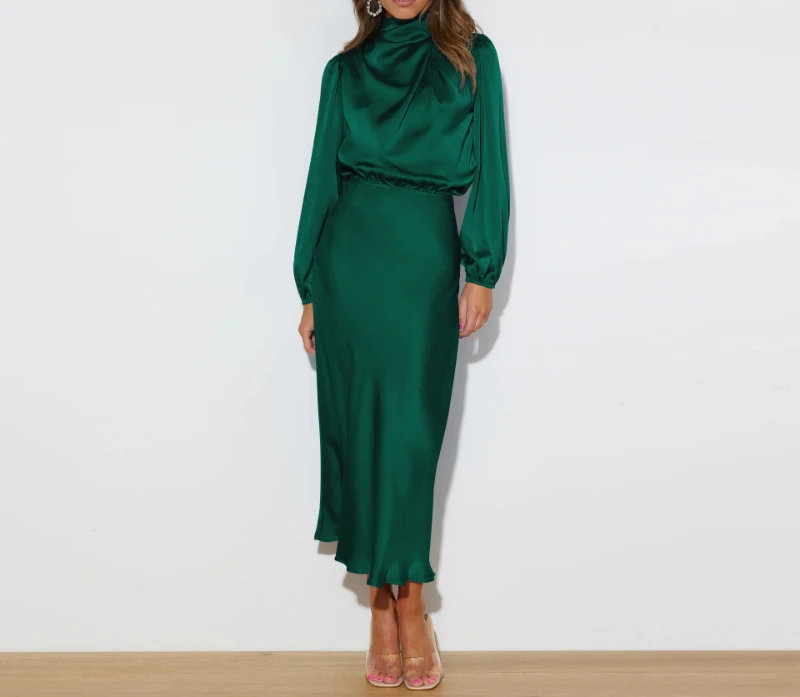 Kleider für Frauen Herbst neue Satin lang ärmel ige lose Kleid elegante Abendkleider hoch taillierte Party eine Linie Vestidos – Detail 4