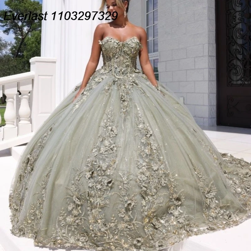 

EVLAST Mexico Sage Quinceanera Dress Ball Gown Lace 3D Floral Applique Beading Crystal Corset Sweet 16 Vestido De 15 Anos TQD605