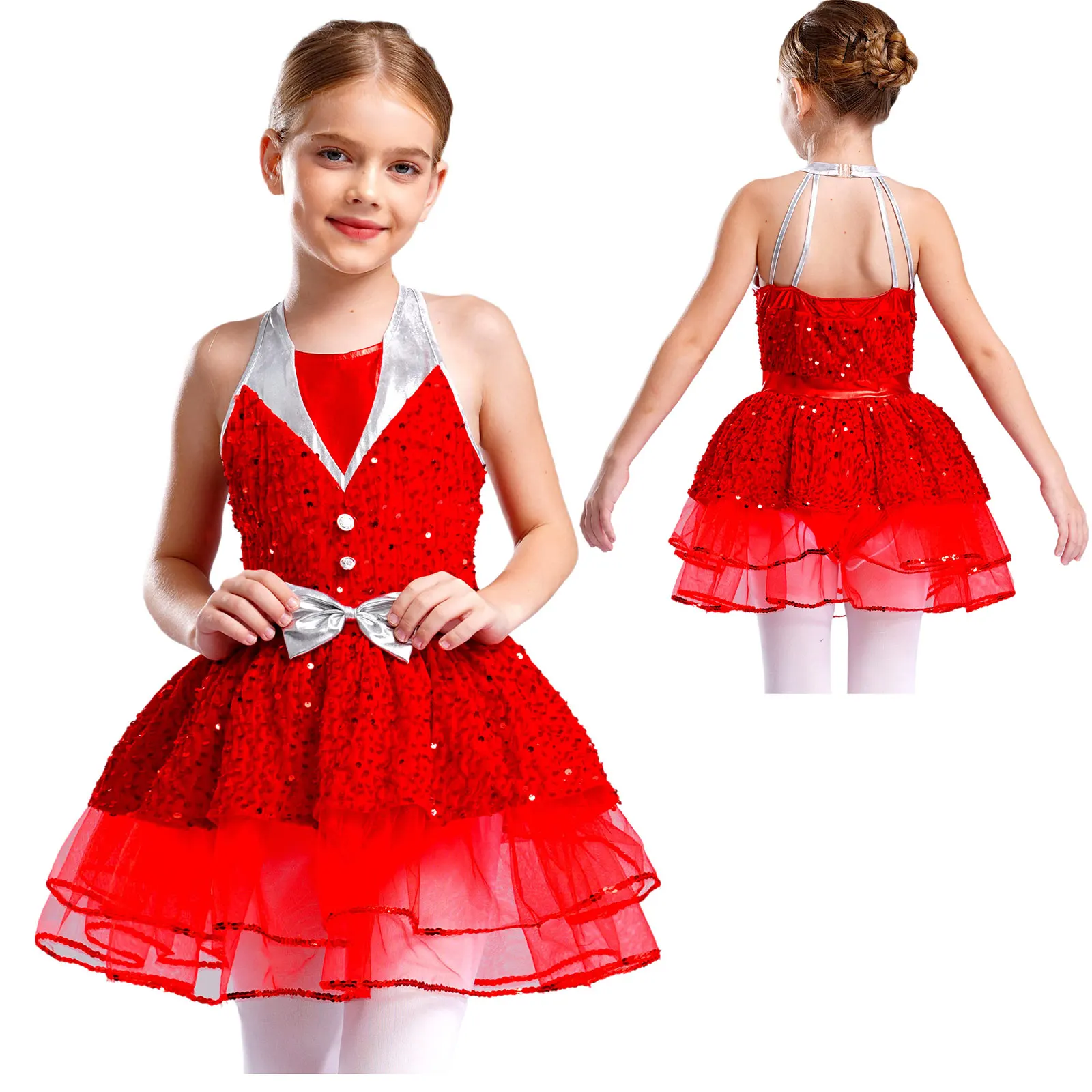 thumbnail image 1 of Niños Niñas Navidad Ballet danza lírica disfraz Halter con espalda descubierta lentejuelas brillantes vestido de Ballet de terciopelo falda tutú, 1 of 5
