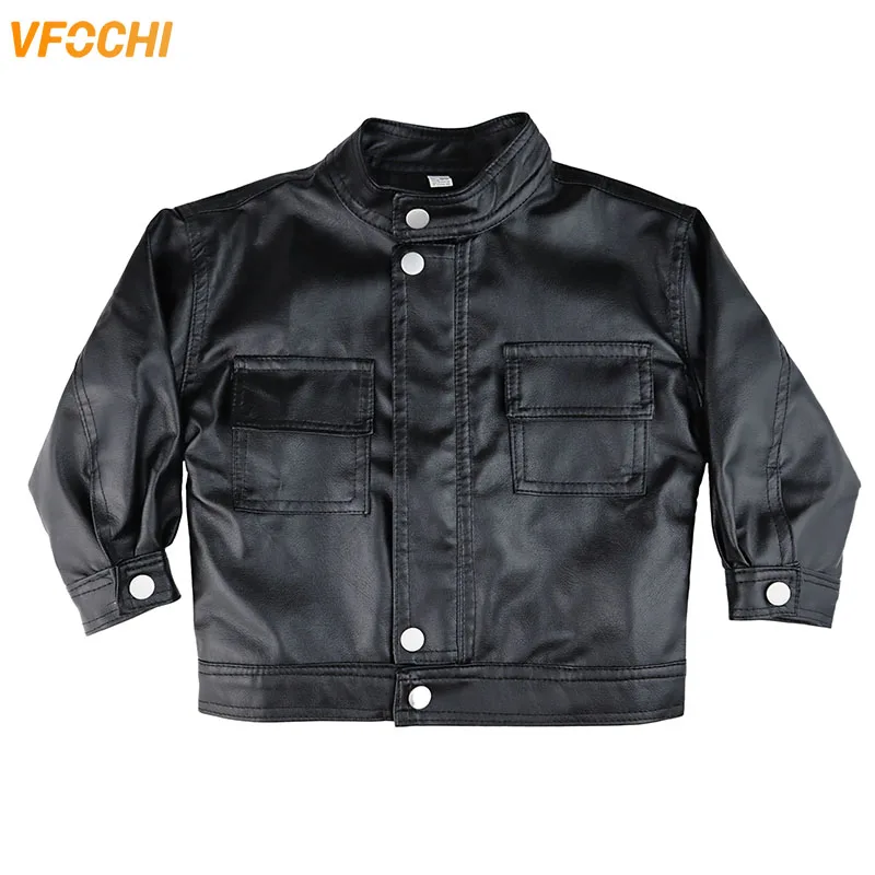

VFOCHI New Boy Girl Leather Jacket Soild Children Clothing Autumn Unisex Kids Clothes Outerwear Girl Boy Faux Leather Jacket