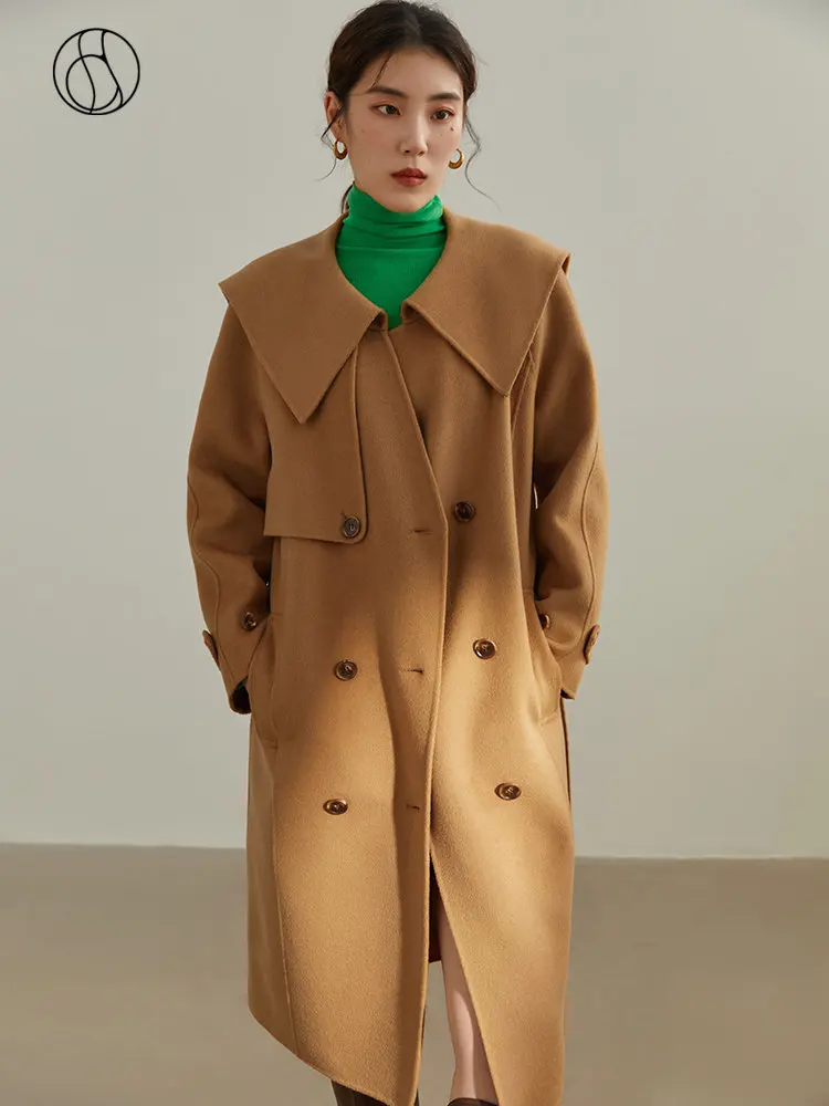 

DUSHU 100% Wool Women Navy Collar Woolen Coat Winter New Brown Button Design Double Breasted Long Office Lady Wool Jackets