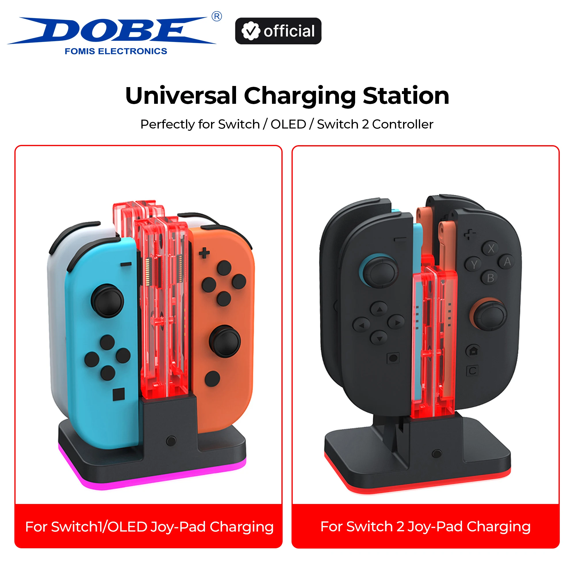 DOBE 4-in-1 스위치/OLED/스위치 2 컨트롤러용 충전 도크 | 8슬롯 데스크탑 충전기, RGB 바이브, 조이패드 지원, 차세대 지원