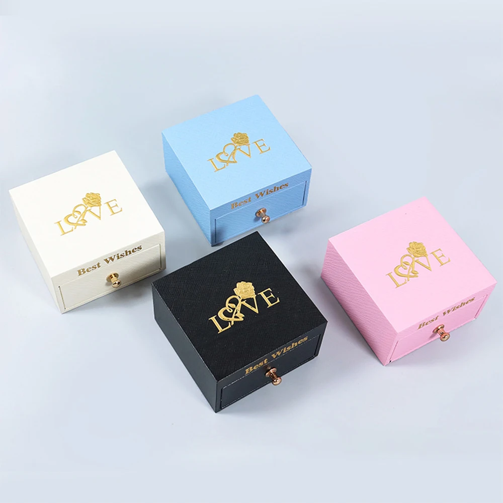 5pcs Bulk Jewelry Package Box And Paper Tote Bag Bronzing Art Best Wishes Necklace Storage Gift Drawer Box With White Sponge