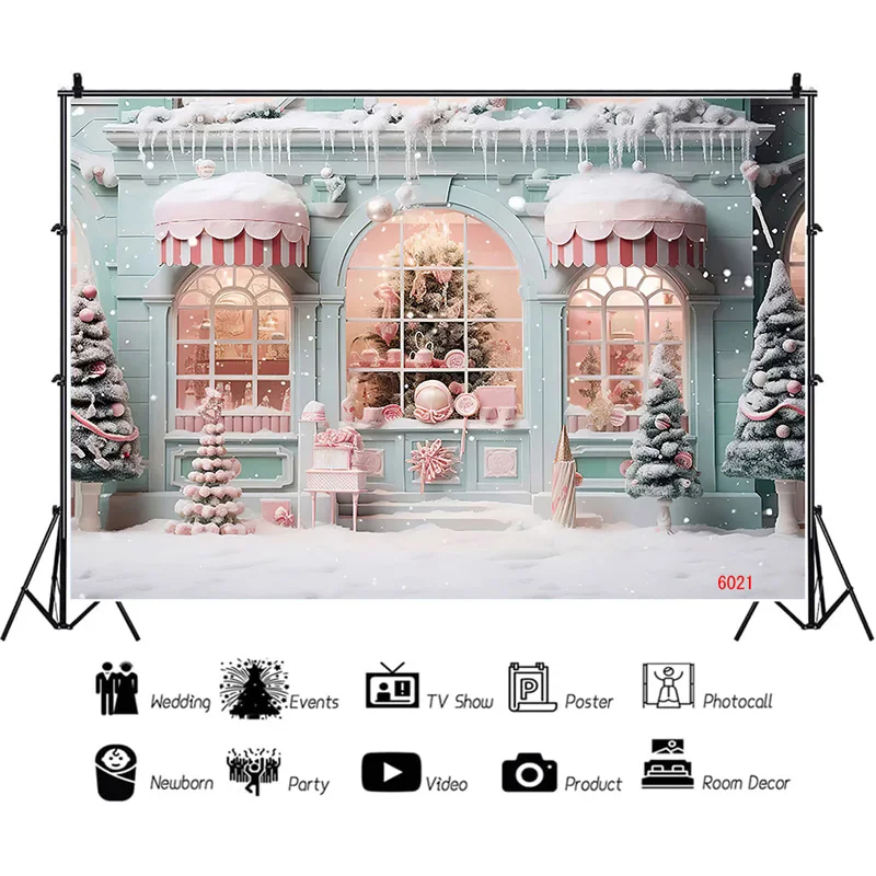 

SHENGYONGBAO Christmas Day Candy Family Portrait Photography Backdrop Wooden Door Snowman Cinema New Year Background Prop WW-06