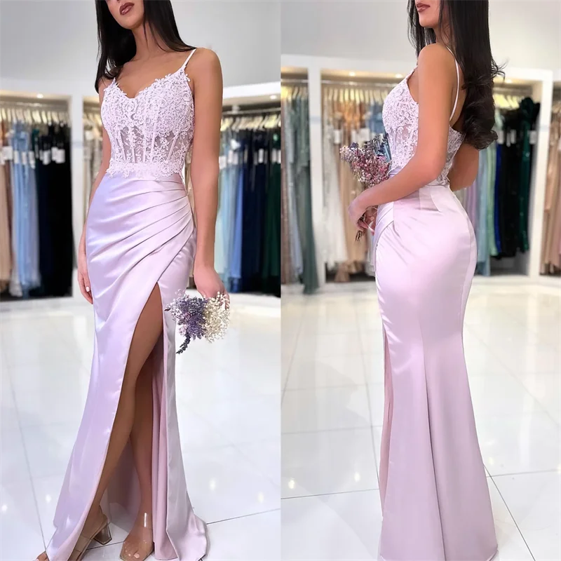 

Sexy pink mermaid Prom Dress bridesmaid dress straps appliques Evening Dresses elegant thigh split dresses