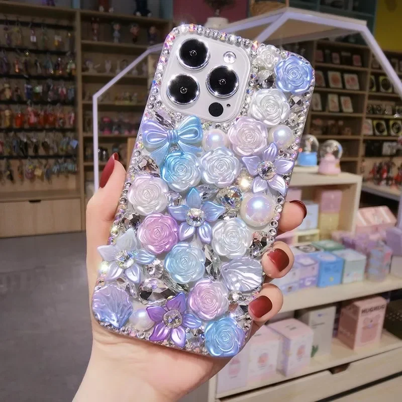 Luxuxy Baroque Flowers Rhinestone Phone Cover For iphone 15Pro 14Plus 13 Pro 12 Mini 11Pro MAX XSMAX XR 16 PLUS Bling Case