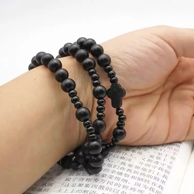 Blackwood Ebony Elastic Bracelet Three-Circle Winding Jesus Bracelet Ornament Jesus Statue cross