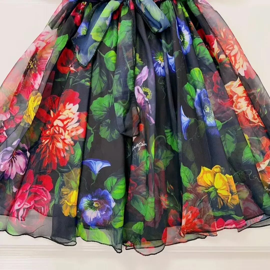 فستان أسود بأكمام قصيرة للفتيات ، ملابس أطفال ، لطيف ، تصميم زهرة ، أميرة ، الصيف