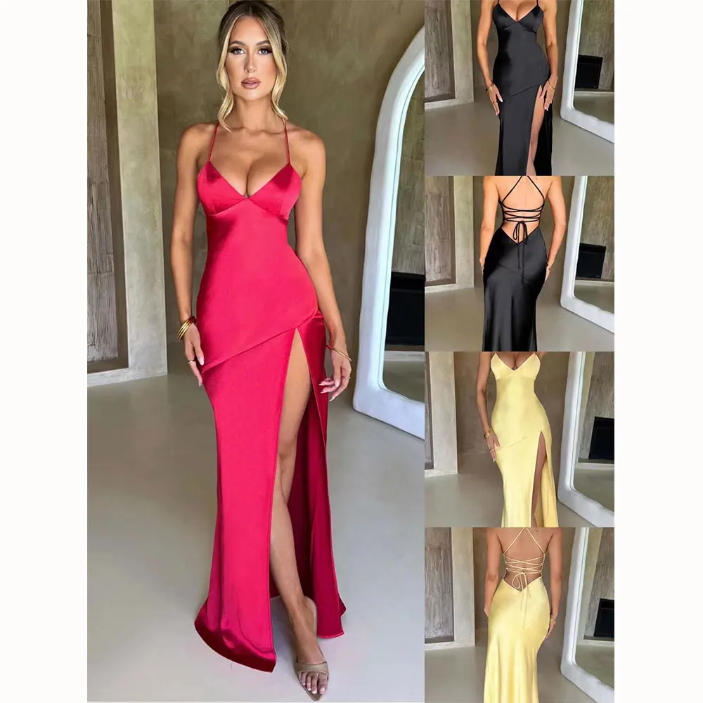 

Townlike Elegant Maxi Long Slim Bodycon Dress Women Spaghetti Strap 2024 Sping Summer Dress Split Nightclub Sexy Party Dresses