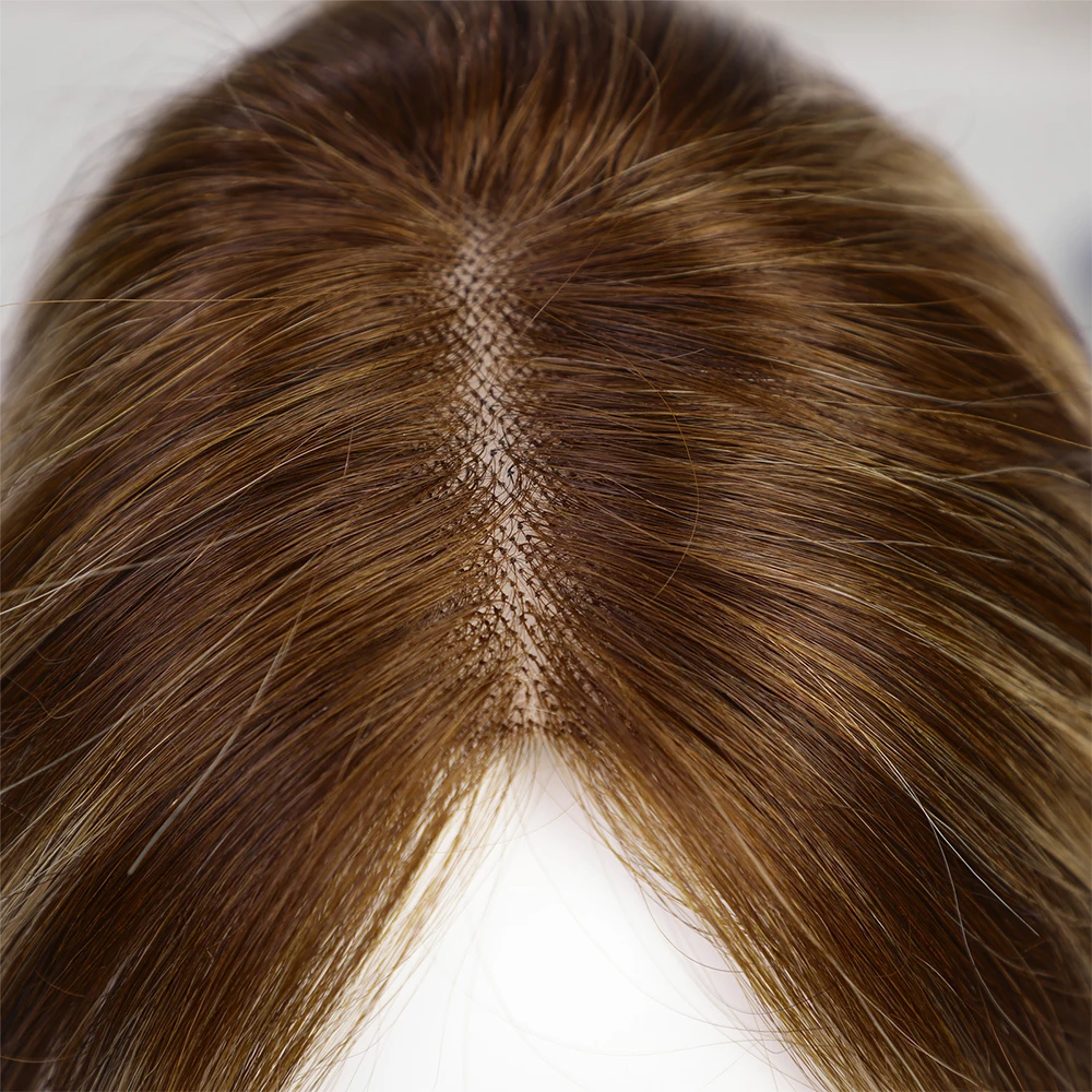 Human Hair Toppers Dark Brown Highlight Blonde Remy Human Hair Toppers Lace Base Clips in Hair Extensions for Women 12 Inches Hairpieces Remy