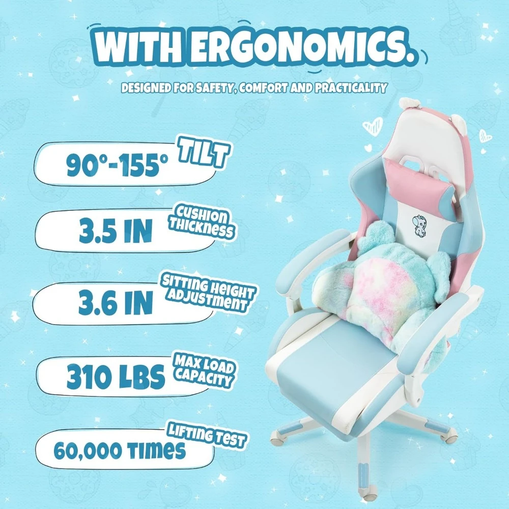 Gaming Chair, with Lumbar Cushion and Decorated Ears, Cute Ergonomic Computer Chair with Footrest, Reclining, PC Game Chair 6
