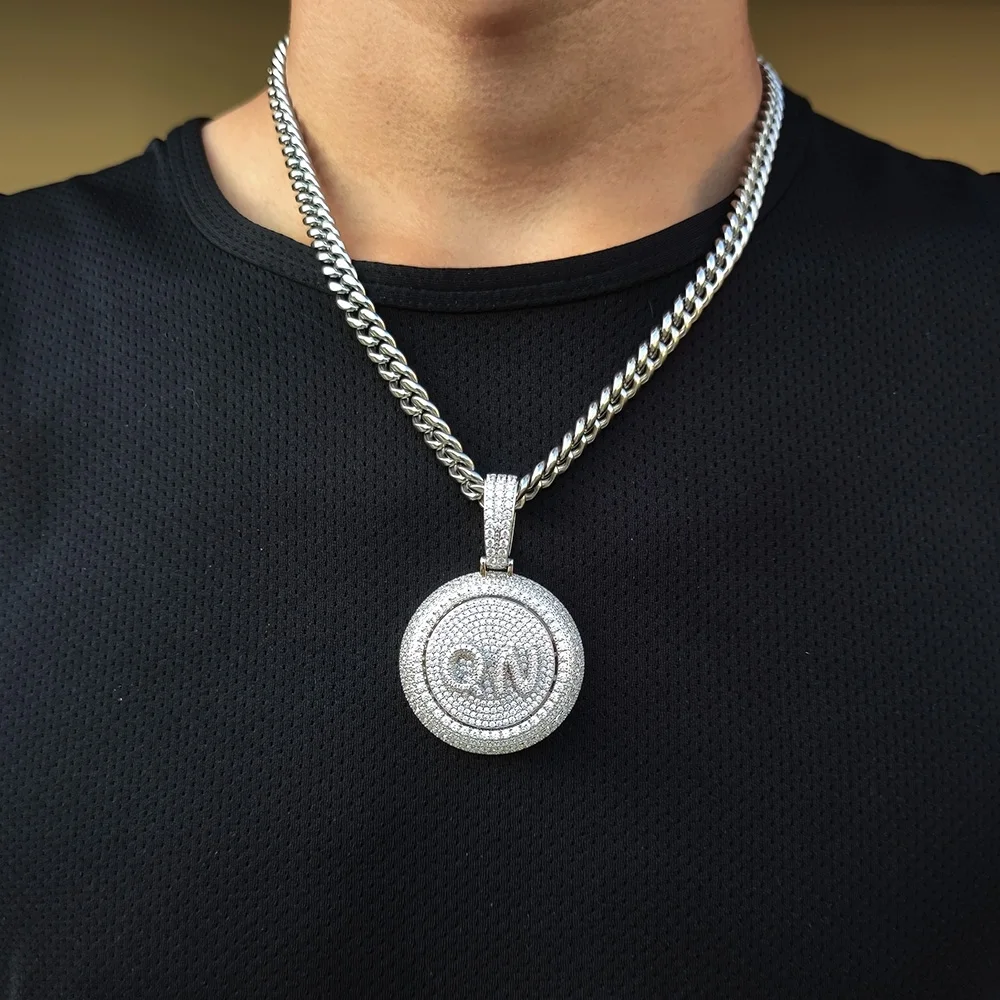 Iced Out Rotating Letter Round Shape Custom Pendant Zircon Personalized Name Initial Pendant Necklace