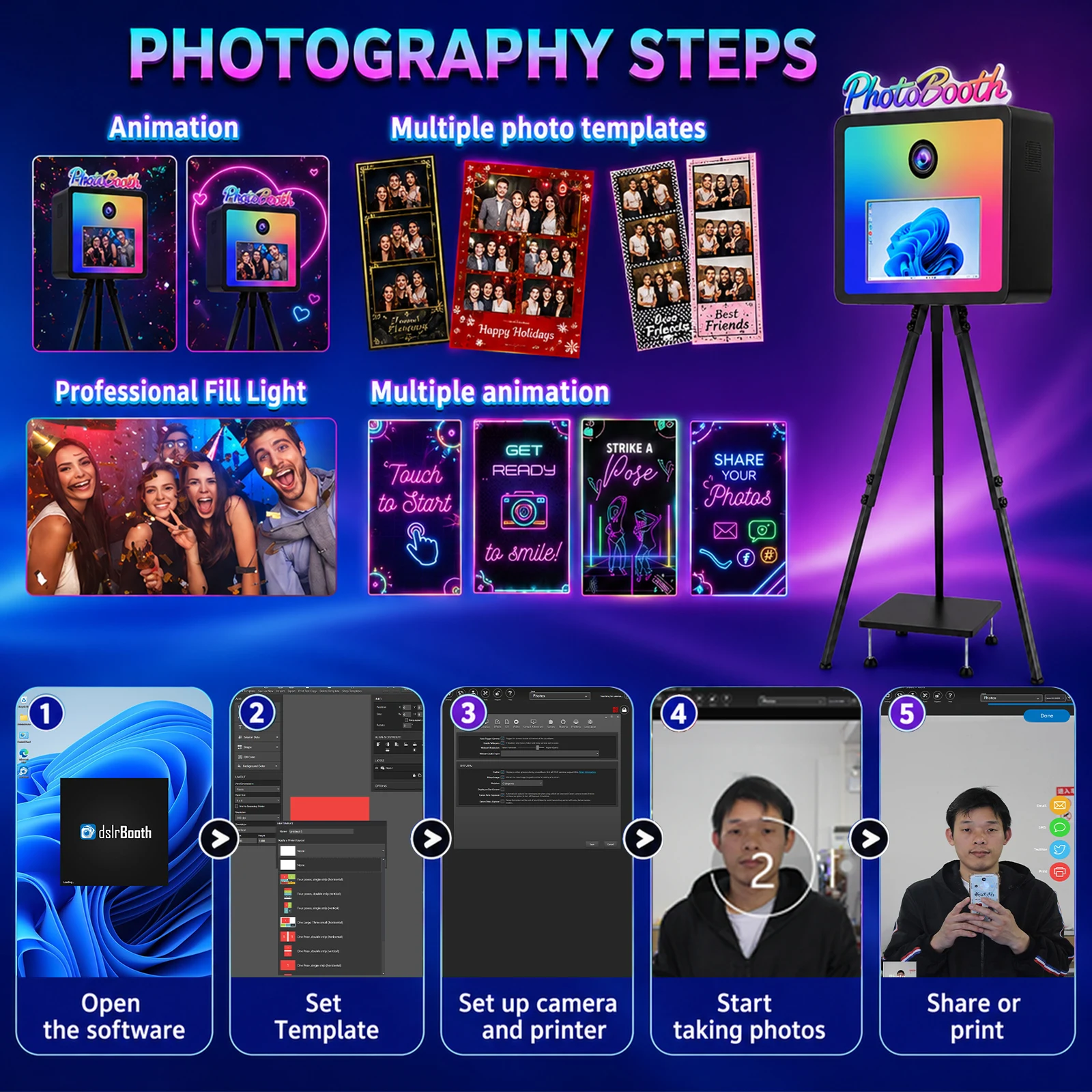 핫세일 화려한 RGB 15.6인치 터치스크린 DSLR 카메라 포토 부스 (공유, 결혼식 및 이벤트용)