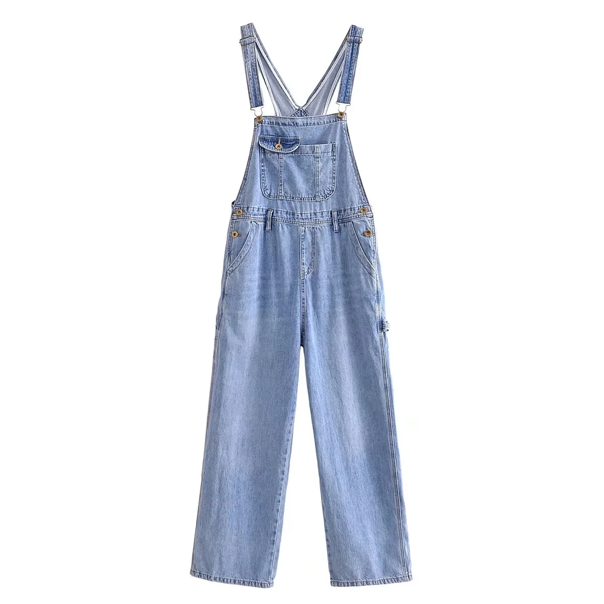 Jenny&Dave High Street Light Blue Jumpsuits Women American Vintage Washed Pockets Cargo Overalls Denim Blue Jumpsuits