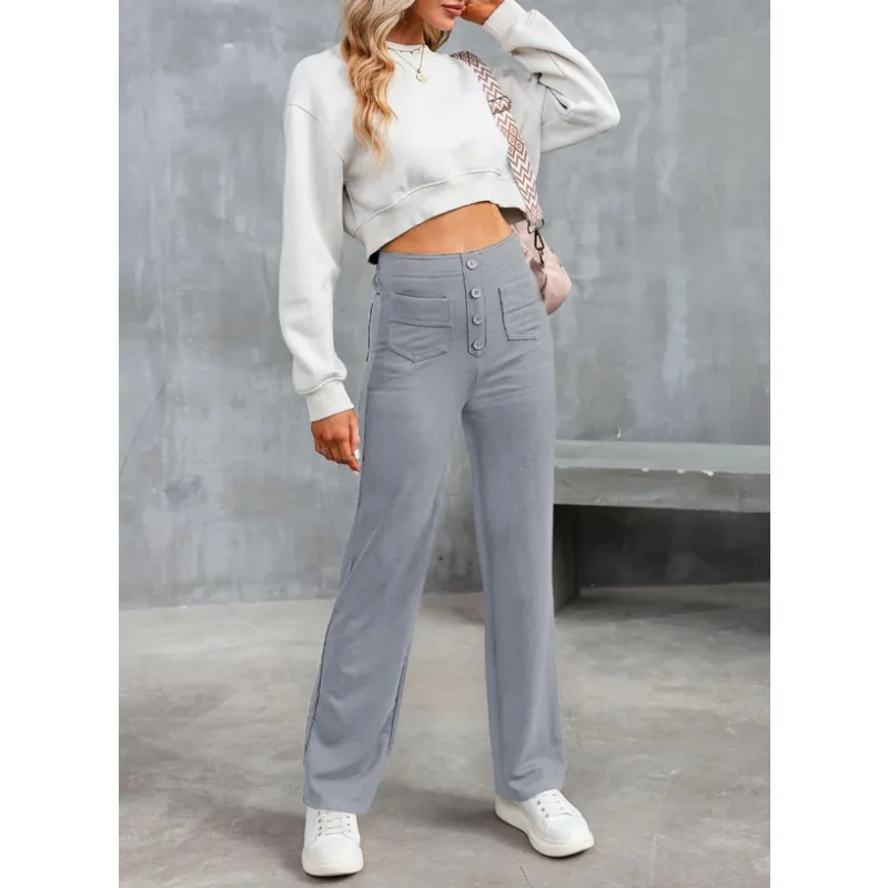 Women's High Waist Straight Leg Long Pants Loose Elastic Casual Trousers with Pockets Fashion Office Lady Suit Pants Streetwear